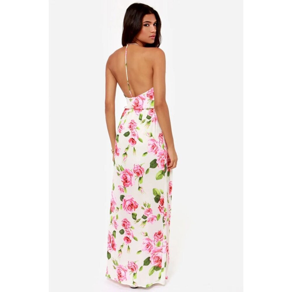 Lush Say No Amore Ivory Rose Floral Print Sleeveless T Back Tulip Hem Maxi Dress - Picture 4 of 11
